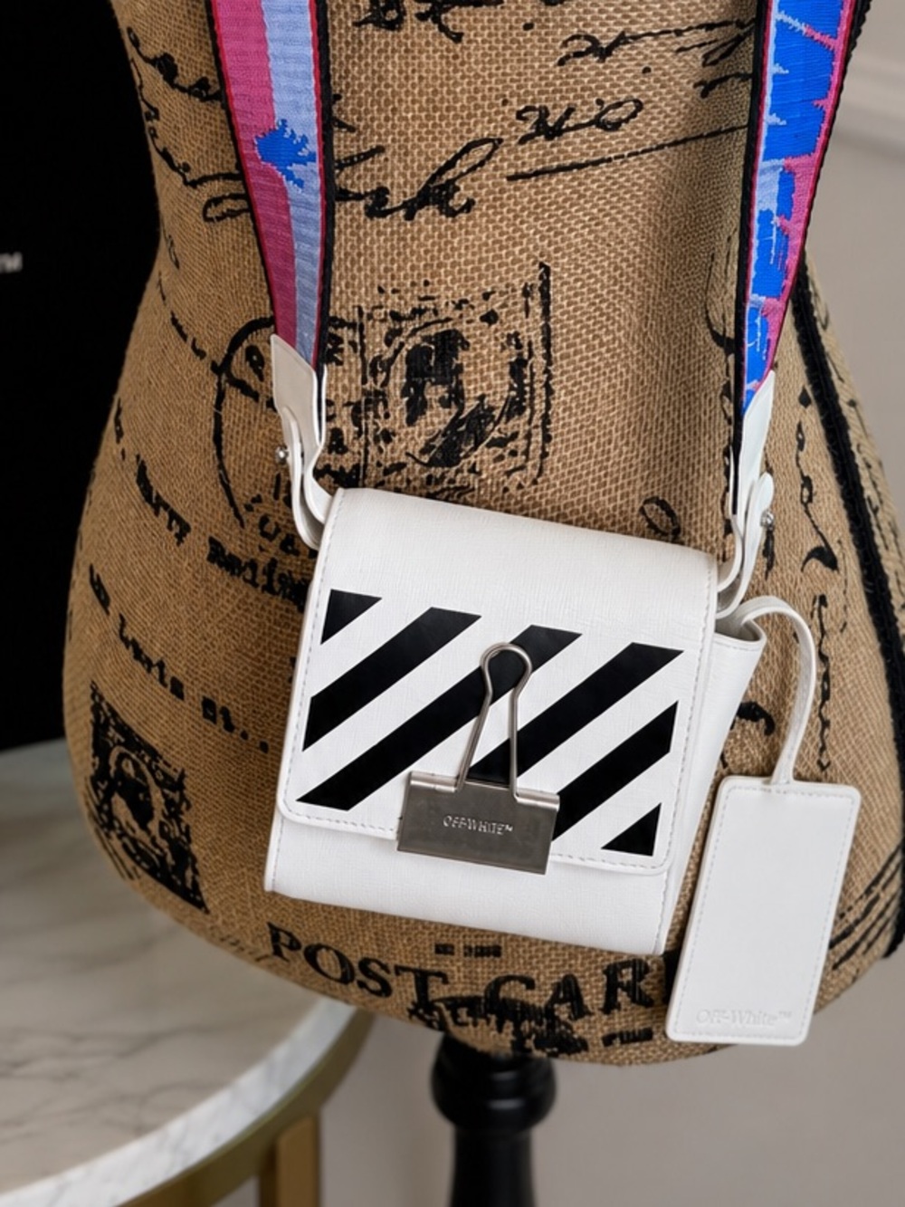 Off-White White Mini Diagonal Crossbody Bag with Pink & Blue Web Strap